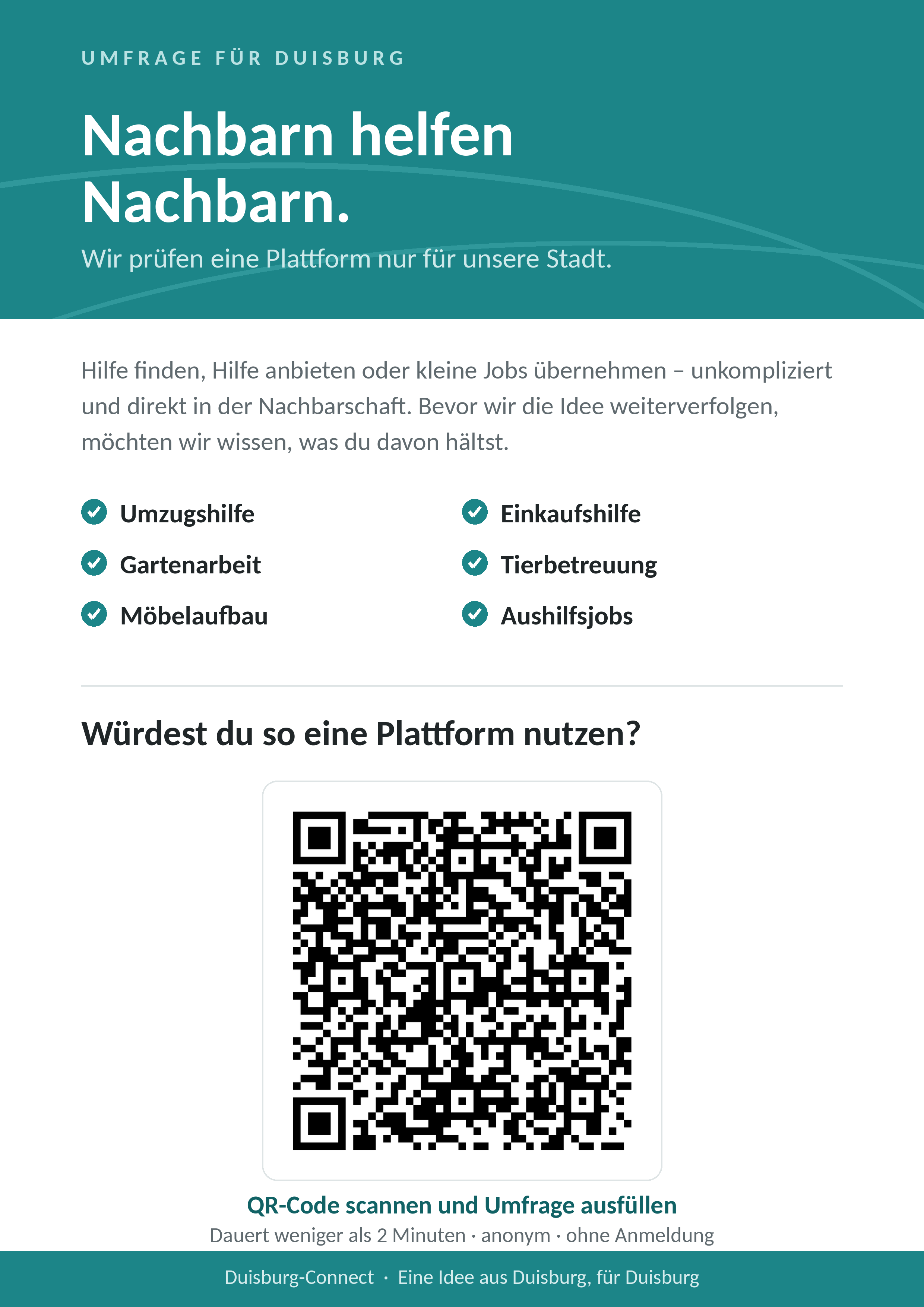 DuisburgConnect-Flyer mit QR-Code zur anonymen Umfrage